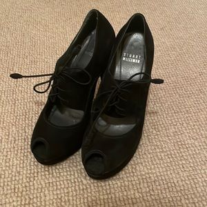 Stuart Weitzman women’s size 6 black suede open toe lace up platform pumps.